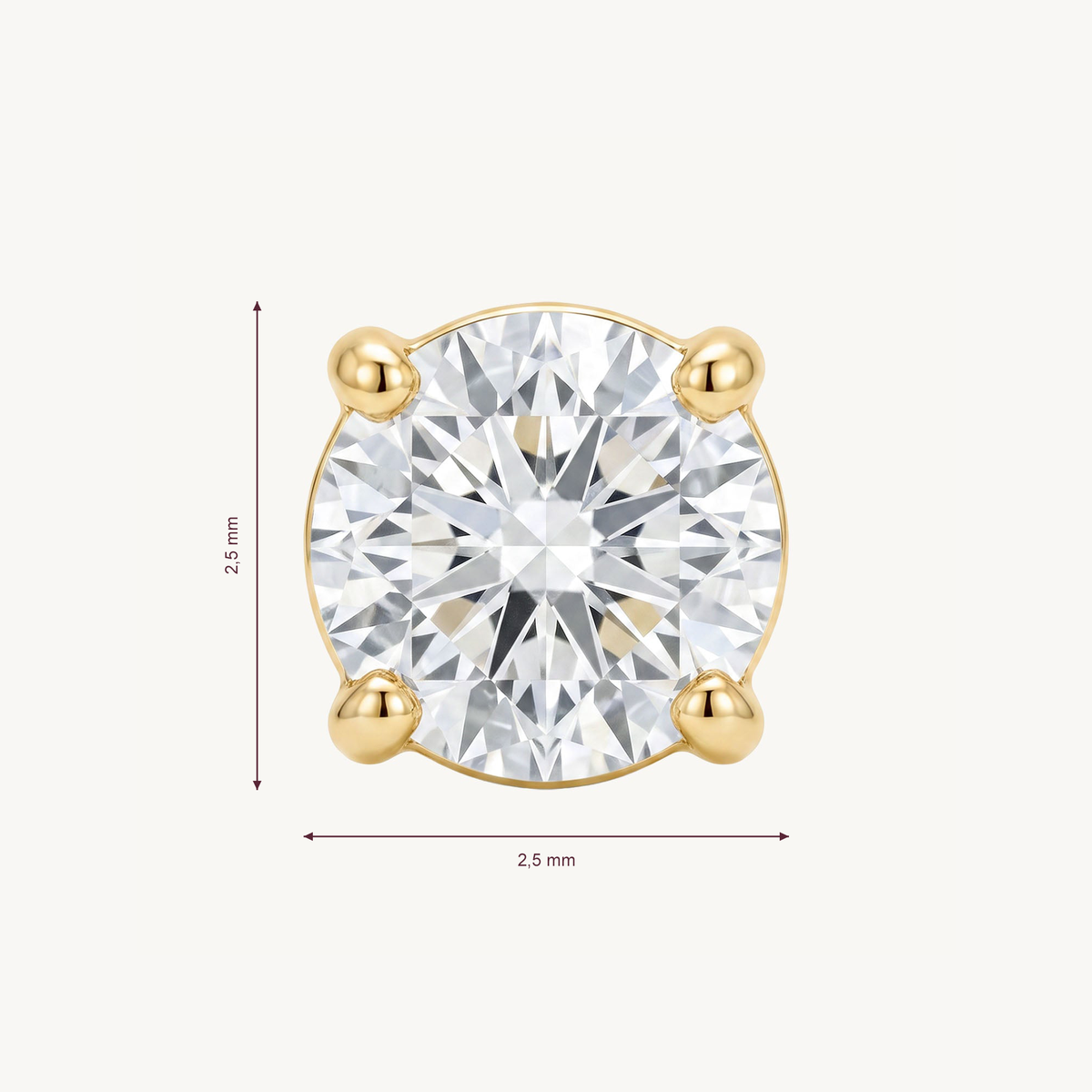 Lab grown solitaire gold diamond – Afmeting 2,5 mm × 2,5 mm