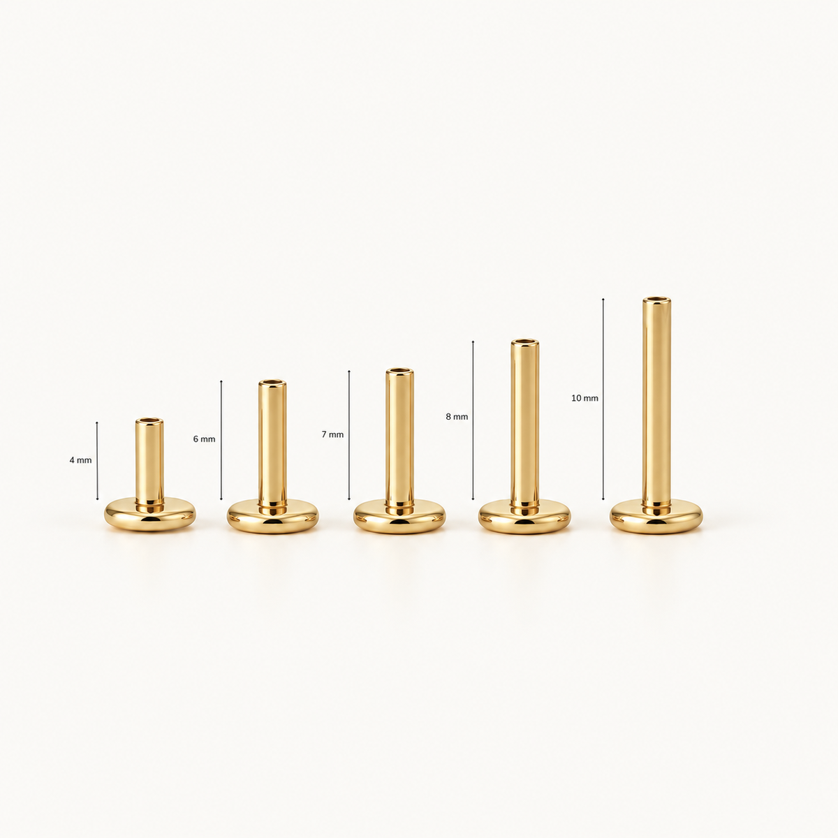 Gouden flatback lengtes: 4, 6, 7, 8 en 10 mm