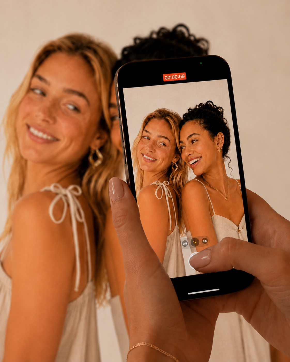 Twee dames poserend voor een mobiele telefoon